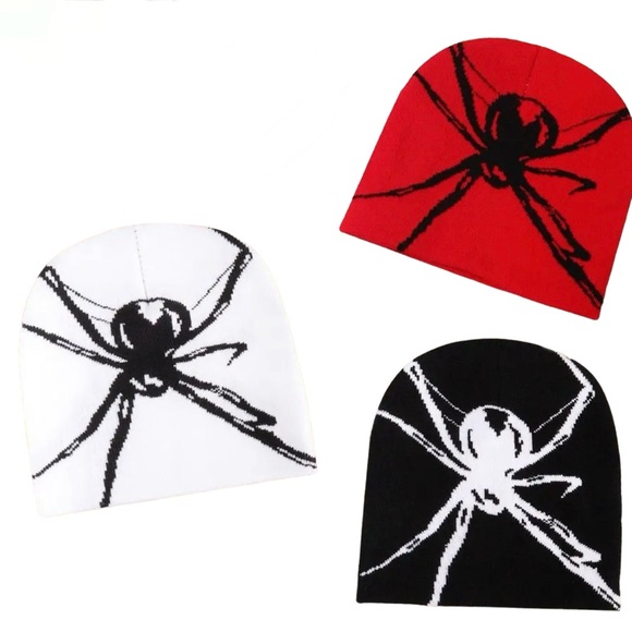 Badass black and white spider beanie edgy rocker goth NEW - Picture 4 of 5